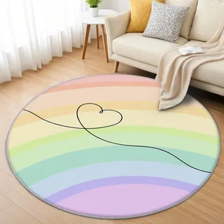 AevuCub Regenbogen Teppich Rund 160 Kurzflor - Waschbare Teppiche Wohnzimmer Kinder - Runder Teppich 160 Durchmesser Kinderzimmer - Bettvorleger Schlafzimmer rutschfest Weich