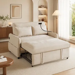 Merax Schlafsofa 2-Sitzer Sofa mit Schlaffunktion, Klappbares 3-in-1 Schlafcouch mit Verstellbarer Rückenlehne, USB-Anschlüssen und Handyhalter, aus Chenille, Beige 129 x 76 x 81 cm