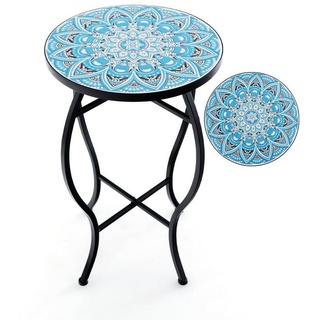 COSTWAY Gartentisch, Mosaiktisch rund aus Metall & Keramik, ∅30x50cm blau