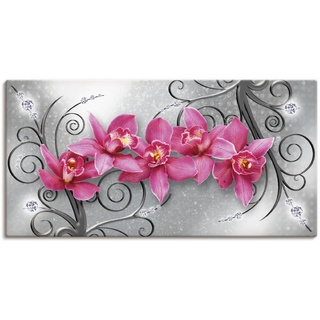 Wandbild ARTLAND "rosa Orchideen auf Ornamenten" Bilder Gr. B/H: 150 cm x 75 cm, Leinwandbild Blumenbilder Querformat, 1 St., pink Kunstdrucke