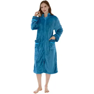 PAVILIA Damen Hausmantel mit Reißverschluss, Fleece-Bademantel mit Reißverschluss vorne, Plüsch, warmer Reißverschluss, Hausmantel, Liege mit Taschen, lang, ozeanblau, Large-X-Large - L-XL