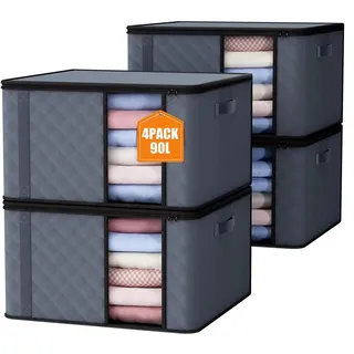 Auveir 4 Stück 90L Aufbewahrungstasche, Aufbewahrungsbox mit Deckel, Große Kleideraufbewahrung Umzugskartons, Faltbare Aufbewahrung Boxen für Bettdecken Decken Kleidung Unterbett Kleiderschrank