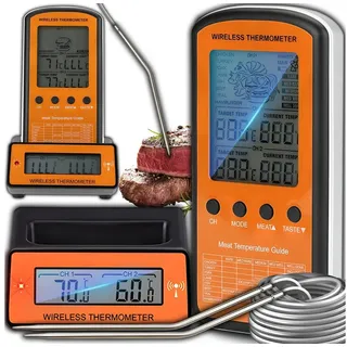 Retoo Grillthermometer Funk Grillthermometer 2 Sonden Braten Thermometer, Fleischthermometer, Set, Grillthermometer, 2x Elektroden, Ladestation, Präzise Temperaturmessung, Zeitersparnis, Vielseitigkeit, Mobilität orange