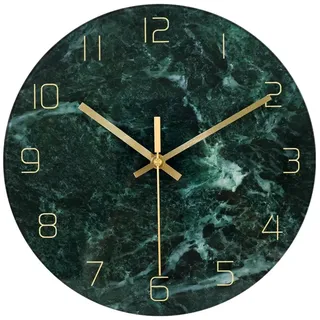 IvoQ Wanduhr 30 cm - Lautloses Uhrwerk - Grüne Marmoroptik & Gold - Luxuriöses Glasdesign