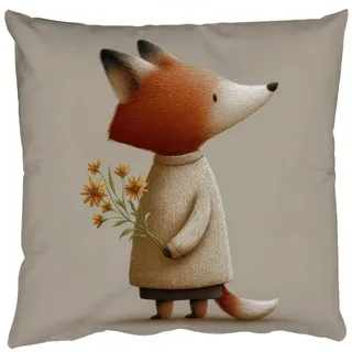 MuchoWow Dekokissen Fuchs - Gelbe Blumen - Minimalistisch, Zierkissen, Deko Kissen mit Füllung, Sofakissen, 60x60 cm Quadratisch | 60 cm x 15 cm x 60 cm