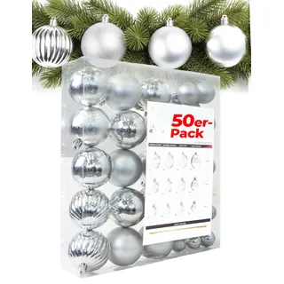 Menz Weihnachtskugeln 50er Silber Mix aus glänzenden matten glitzernden Kugeln 3 4 6cm stilvolle Christbaumkugeln und edle Weihnachtsdeko für Innenbereich