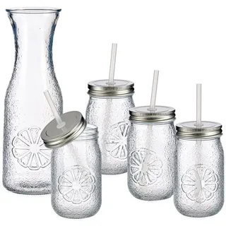MamboCat Karaffe 5tlg Set Vivalto Lima Karaffe + 4x Glas mit Deckel und Strohhalm weiß
