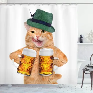 ABAKUHAUS Katze Duschvorhang, Kühle Katzen-Hut Bier-Becher Lustige, Stoffliches Gewebe Badezimmerdekorationsset mit Haken, 175 x 200 cm, Mehrfarbig