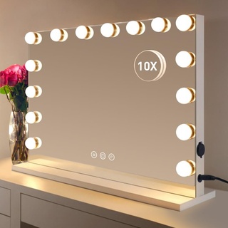 HOMPEN Großer Kosmetikspiegel mit Lichtern, beleuchteter Make-up-Spiegel mit 15 Dimmer-Glühbirnen, Hollywood-Stil, großer Kosmetikspiegel mit 3 Farblichtern, 10-fache Lupe, weiß
