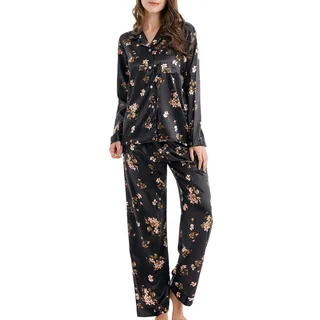 Damen Schlafanzug Pyjama Satin Lang Nachtwäsche Set Klassische Loungewear (Schwarze Blumen, L) - L