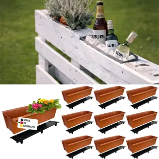 BURI 10 Euro-Paletten Blumenkästen-Einsätze inkl. Bewässerungsmatte | 37,3cm Terrakotta | Pflanzkasten für Europalette Palette | Balkonkasten | Blumentopf | aus stabilen Kunststoff | Made in Germany