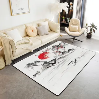 Loussiesd Japanische Stil Fläche Teppich 150x200cm Japanische Ukiyoe Dekorative Bereich Teppich Home Decor Sakura Blume Traditionelles Retro Thema Rot Weiß Akzent Modern Teppich Wetterfest Waschbar