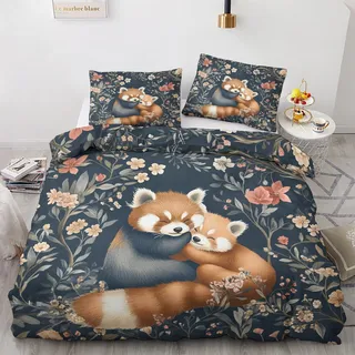 Generisch Roter Panda Bettwäsche 135x200cm, Vintage Blumen Botanisch Bettwäsche-Sets 2 Teilig, Bettbezug + 1 Kissenbezüge 80x80cm Weich Mikrofaser mit Reißverschluss 21D&-8