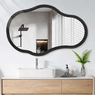 Lzuso Asymmetrischer Wandspiegel - Hölzerner Rahmen, Wellenförmiger Spiegel, Moderner Künstlerischer Spiegel für Bad, Schlafzimmer und Flur