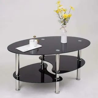 Cannoli Couchtisch Glas oval mit Zwei Ablagen in Hochglanz - Beistelltisch/Wohnzimmertisch,Couchtisch Glas mit 8mm Sicherheitsglas & Facettenschliff (90 * 50 * 43cm reines Schwarz)