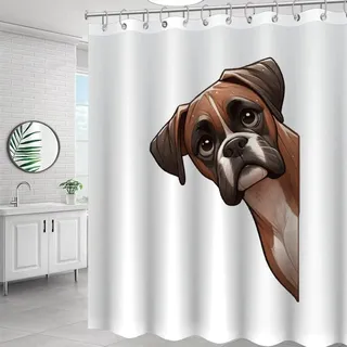 Yelolyio Boxer Duschvorhang mit Haken, Hund, der um die Ecke schaut, wasserdichter Stoff, Polyester, Duschvorhang für Badewanne, Zuhause, Badezimmer, 183 x 198 cm