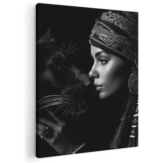 MuchoWow© Wandbilder Schlafzimmer Home Deko Wohnung Bild Wohnzimmer | 50x70 cm - Fotoleinwand Wand Bilder Leinwand Wall Decor Frau - Panther - Tiere - Schwarz und weiß - Porträt