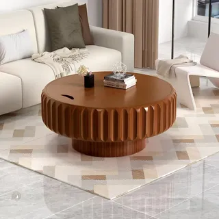 Runder Couchtisch Aus Holz Mit Stauraum, Moderner, Luxuriöser Runder Beistelltisch Aus Massivholz Mit Geriffelter Oberfläche, Akzent-Couchtisch Für Wohnzimmer Und Kleine Wohnungen, Walnuss,D80cm