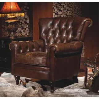 Phoenixarts Sessel Chesterfield Ledersessel Vintage Design Ohrensessel Leder Lounge ClubSessel (Braun 449)