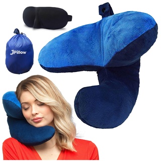 J-Pillow Reisekissen + Tragetasche + Schlafmaske - Verhindert, dass Ihr Kopf nach vorne fällt - Britische Erfindung des Jahres - Stützendes Nackenkissen für Reisen - Bequemes Flugzeugkissen (Blau)