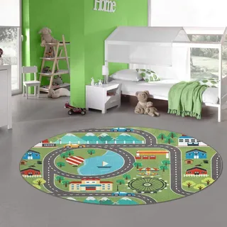 Teppich-Traum Kinder Spielteppich mit Stadtlandschaft auf Wiese in grün Größe 200 cm Rund