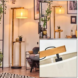 HOFSTEIN Stehleuchte Bassagoda, Stehlampe aus Holz/Metall/Stoff in Natur/Schwarz/Beige/Weiß, Leuchte im skandinavischen/Boho Design, Ø 50cm, Ablagefläche, Fußschalter, E27, Wohnzimmer, Schlafzimmer