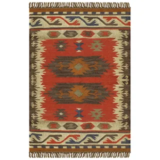 CASAVANI - Kelim-Teppich, 120x180 cm (4x6 Feet), Rot, Geometrisch, Handgefertigt, Wolle und Jute, Für Innen und Außen, Flachgewebe, Strapazierfähig, Nachhaltig, Umweltschonend