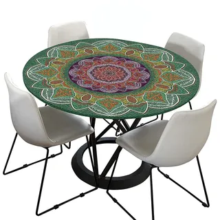 Morbuy Rund Tischdecke Elastisch, Mandala Rund Tischdecken Wasserdicht Lotuseffekt Abwaschbar Abwischbar Tischtuch für Dekoration Küchentisch Garten Outdoor (Durchmesser 110cm,grün)