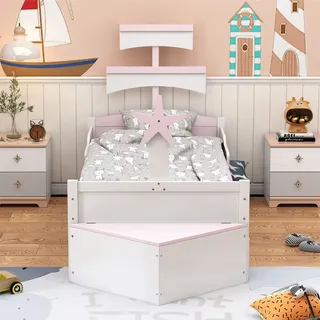 Kinderbett aus Holz, Segelbootform, mit ausziehbares Bett, Stauschrank am Bettende, Einzelbett, Kinderbett, rosa - Rosa