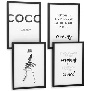 Papierschmiede® Premium Spruchposter Set 4er DIN A4 (21x30 cm) Motiv: Coco Brush, Fashion Quote, Poster mit Sprüchen, Coco Bild, Wanddeko mit Spruch fürs Wohnzimmer Schlafzimmer ohne Rahmen
