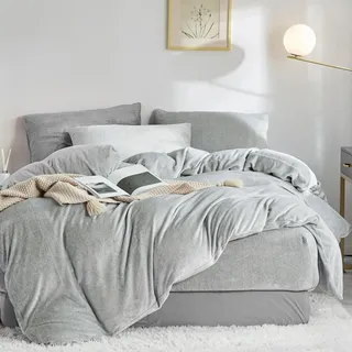 Warme Kuschel Bettwäsche Winter 155x220 Flauschig Grau Cashmere Touch Fleece Plüsch Bettwäsche 155 x 220 cm Flanell Frottee Nicki Samt Thermo Weiche Hellgrau Uni Microfaser Winterbettwäsche Set