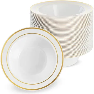 MATANA 100 Weiße Plastikschalen mit Goldrand, Suppenteller, Suppenschalen (360ml) - Suppenschüssel für Hochzeiten, Geburtstage, Taufen, Weihnachten, Partys - Mehrweg & Stabil