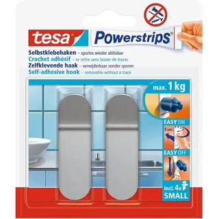Tesa Klebehaken Powerstrips Haken Small Metall - 1 kg Halteleistung | 2 selbstklebende Metallhaken - für Glas, Kacheln, Holz, Kunststoff und andere Untergründe - spurlos ablösbar