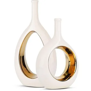 LuxusKollektion Tischvase Vase Keramik Weißgold 2er Set 30cm goldfarben|weiß 6.4 cm x 31 cm x 15 cm