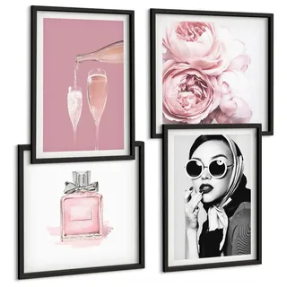 BILDER SET 4er Set - 50x50 cm & 40x60 cm Schwarzer Rahmen - Stilvolle pinkfarbene Accessoires