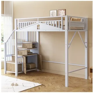 MC Star Hochbett Metall-Hochbett 90 x 200 cm, Metall-Sicherheitszaun mit Metallkugel (Fensterdesign, Kletterleiter von links nach rechts austauschbar, Sicherheitsleiter mit Spinden) weiß
