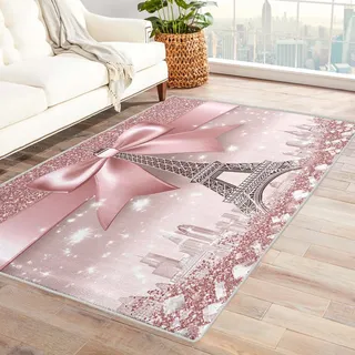 Teppich Mit Rosa Schleifen - Teppich Wohnzimmer Schlafzimmer Paris Eiffelturm, Großer Teppich Teenager Mädchen, Weich Kurzflor & Waschbar & rutschfest Wohnzimmerteppich, Kinderteppich, 160x230 cm