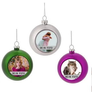 MilyaDE 3 Stück Weihnachtskugeln mit eigenem Bild, Kunststoff innen Glitzer Lametta 6cm, Christbaumkugeln Personalisierte selbst gestalten