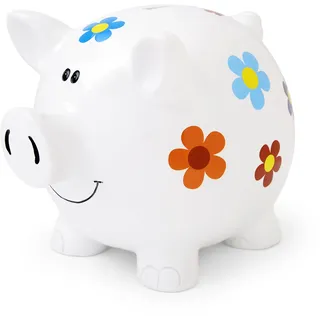 Mousehouse Gifts - Große gemusterte Sparschwein Spardose für Mädchen, Kinder & Erwachsene (weiß mit Blumen)