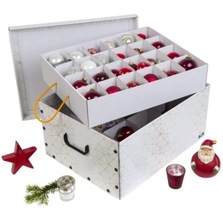 Kreher Weihnachtlicher XL Deko Karton mit Einsätzen für ca. 40 Weihnachtskugeln. Aus stabiler Pappe mit Griffen aus Kunststoff. In Weiss mit einem goldfarbenen Retro-Design Aufdruck.