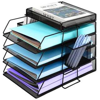 Briefablage für Büro, Dokumentenablage mit Stifthalter, 4-Fach Schreibtisch Organizer Metall, Papierablage Mesh, Ablagefächer Stapelbar, Briefschublade, Büro Organizer, Papierablagefach