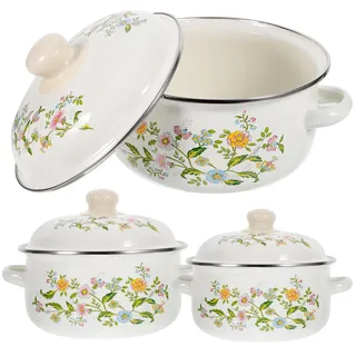 Luxshiny Emaille-Topf-Set 3-Teilig Für Die Küche Emaille-Suppentopf Mit Deckel Retro-Kochtopf Mit Blumenmuster Tiefer -Suppentopf Für Das Restaurant Zu Hause