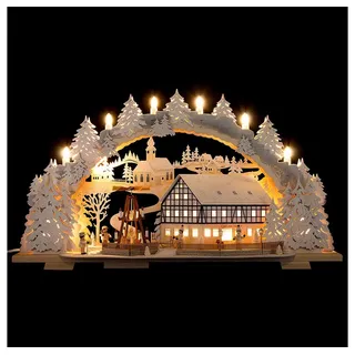 Tietze Erzgebirgsdesign Schwibbogen Schwibbogen Verschneites Café am Markt mit drehender Pyramide (72x43cm