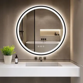 gimbelen Runder LED-Badspiegel 60 cm 3 Lichtfarben, Antibeschlag, dimmbar, Speicherfunktion, Schwarz, - Schwarz