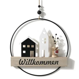 Türkranz Ganzjährig Fensterdeko Hängend Herzlich Willkommen Schild Holz Herzlich,Trockenblumenkranz Haustürdeko, Tmit Willkommensschild Trockenblumen und Haus für Homedeko Türdeko