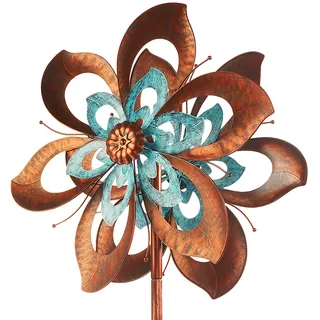 Kobolo Windrad Flower XXL, 61x213 cm, braun, XXL Metallwindrad, wetterfester & dekorativer Gartenstecker als Eyecatcher für Beet, Rasen, Vorgarten & Moderne Gartengestaltung