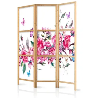 decomonkey Paravent Raumteiler Innen Weiß Blumen, 135x171 cm, 3-teilig, Spa | Zen, Orient, Japan, Wohnzimmer, Room Divider, Wall, Raumteiler Stehend, Trennwand, Sichtschutz, Spanische Wand, Holz