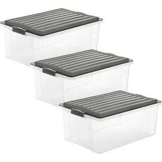 Rotho Compact 3er-Set Aufbewahrungsbox 38l mit Deckel, Kunststoff, anthrazit/transparent