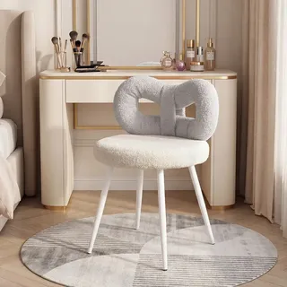 Fianao – Grauer Hocker Aus Kunstwolle – Schminktischstuhl – Maße: 43 × 35 × 73 Cm – Sitzkissen Aus Schaumstoff – Gebogene Rückenlehne – Holzbeine