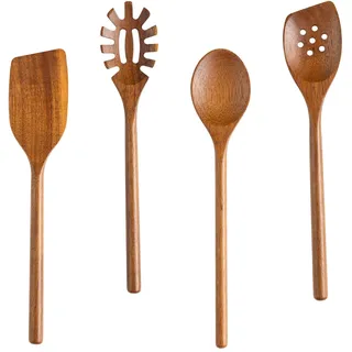 4 Stück Kochlöffel Holz Set,Küchenhelfer Set,Groß Pfannenwender,Risottolöffel,Holzkochlöffel,Schöpfkelle,Nudelheber,Servierlöffel,Kochutensilien für Mischen und Kochen in Der Küche